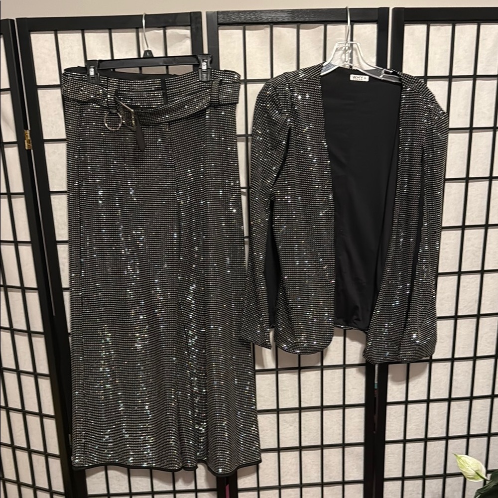 Black Sequin Wide Leg Pant Suit with Cape Top